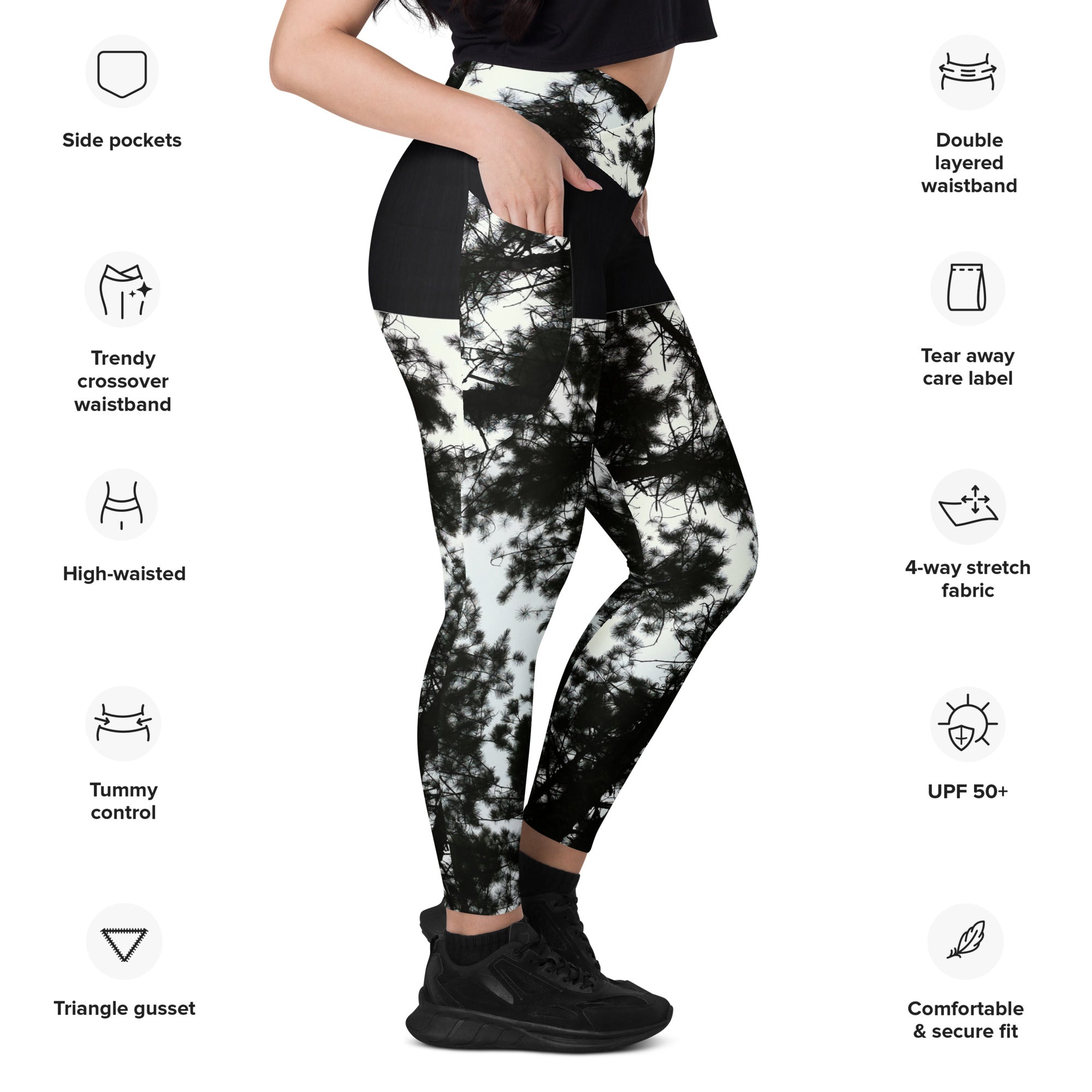 Workout or Dance Leggings with Pockets. Crossover Waist Yoga Pants- Black & White Leggings. WickedYo.